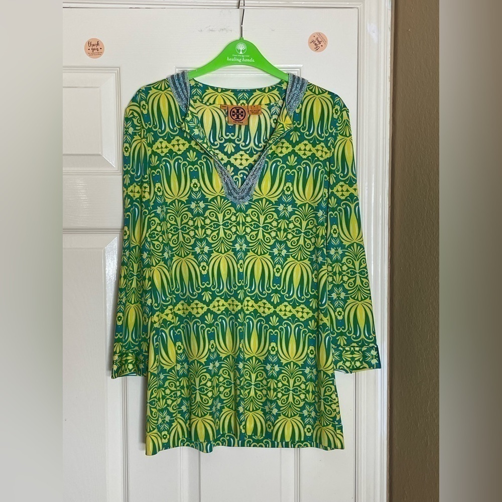 Tory Burch Tunic Womens Med Silk green Button Long Sleeve V Neck Stretch… - Picture 8 of 9